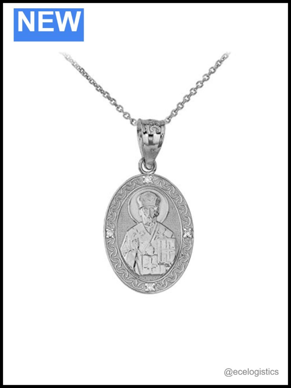 Solid 925 Sterling Silver CZ Oval Saint Pendant Necklace